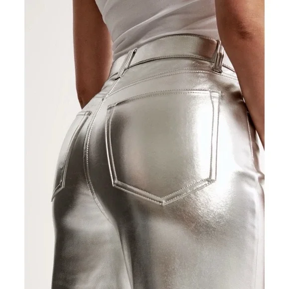 Abercrombie & Fitch Ultra High Rise 90s Straight Silver Vegan Leather Pants - Picture 2 of 9